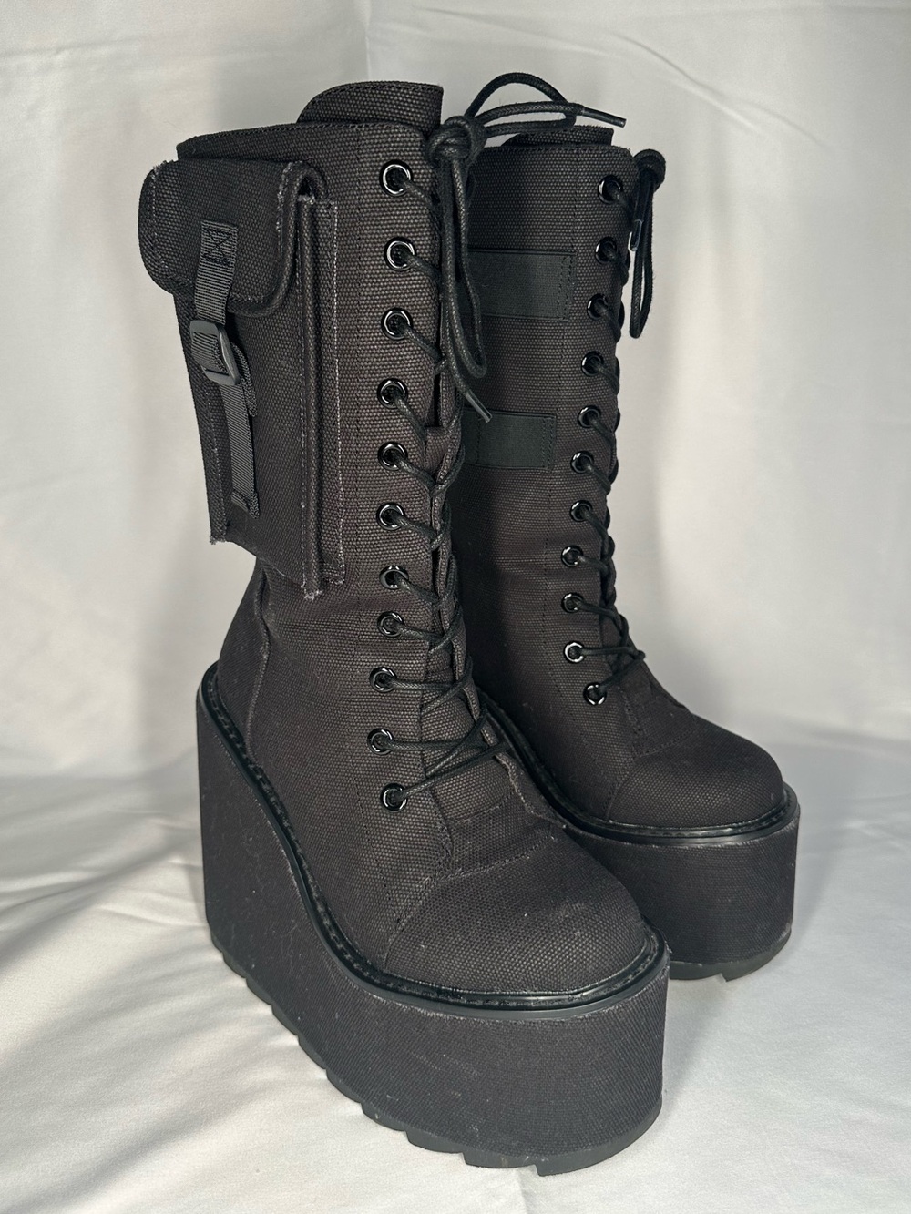 YRU Dune Desert Black Platform Lace-Up Combat Boots with Utility Pockets